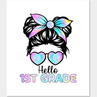 Hello 1st Grade Messy Hair Bun Girl Back To School First Day Posters and Art